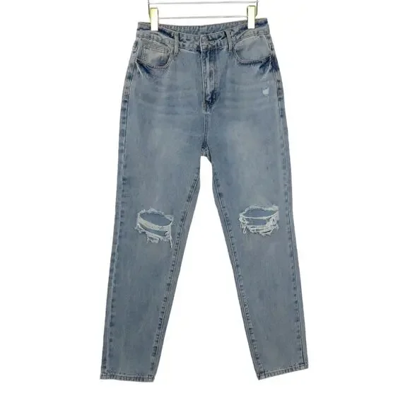 Shein Light Wash High Rise Straight Leg Mom Jeans Ripped Knee Large 30" - Picture 5 of 10